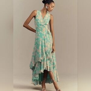 Anthropologie Green and Cream Maxi Dress